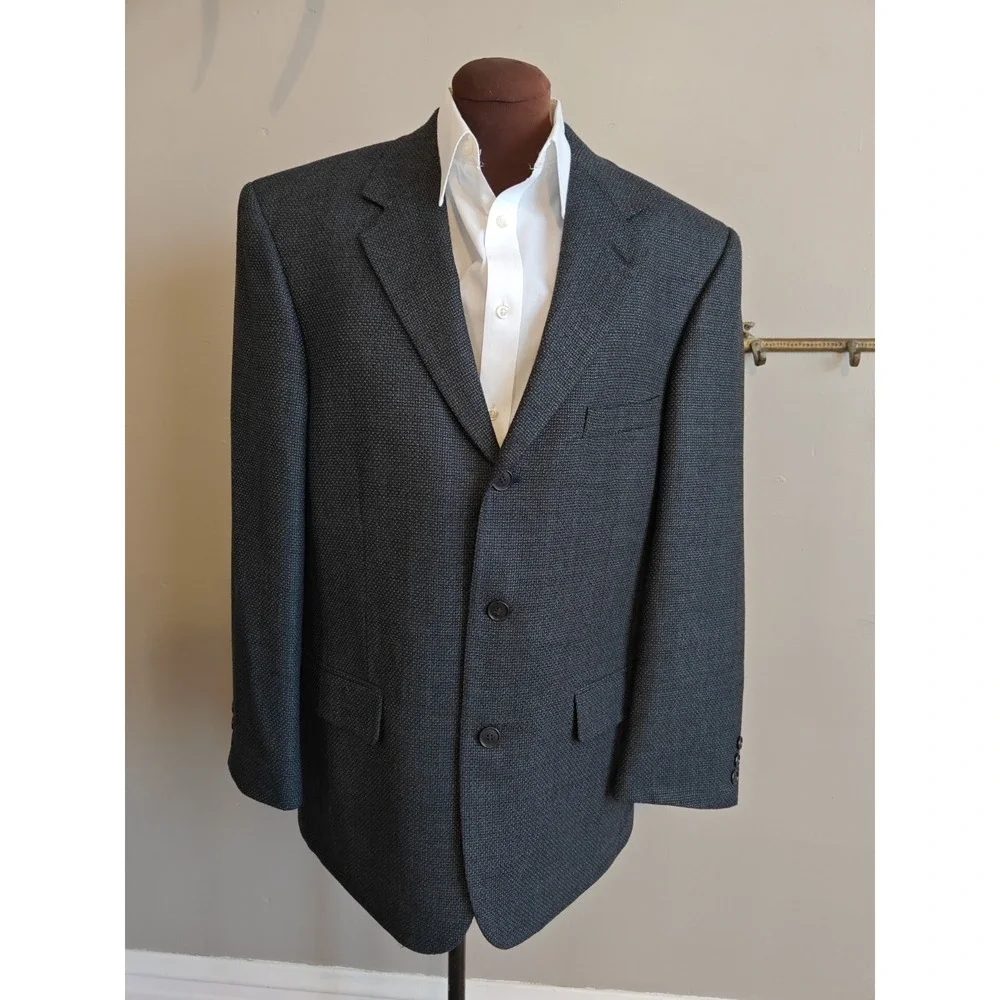 Gianelli Mens Wool Blazer Sports Coat 42R Dark Blue 3 Button Geometric Italy